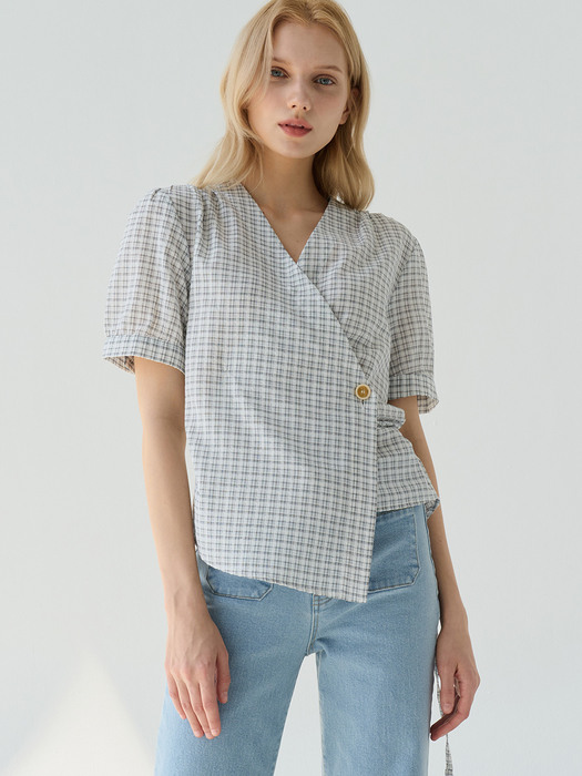 comos526 wrap shirring check blouse (white)