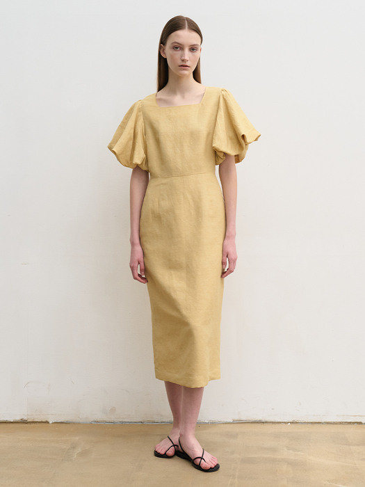 Square-neck balloon sleeve dress (mustard)