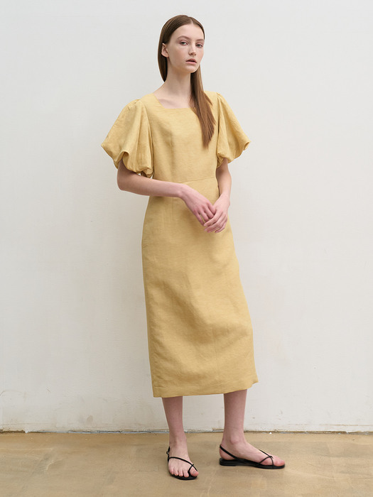 Square-neck balloon sleeve dress (mustard)