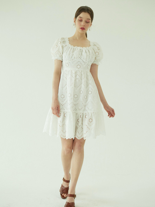 Volume eyelet mini dress (White)