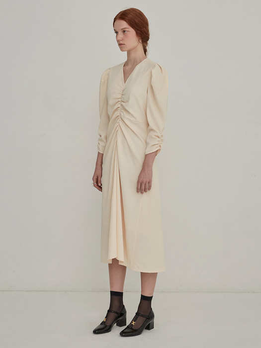 Front shirring dress - Cream