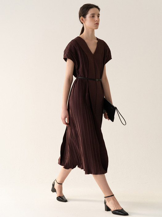 SS22 Pleated Tunic Dress Mahogany