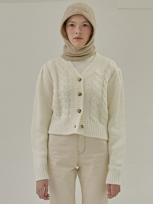 PUFFY SLEEVE CABLE CARDIGAN - IVORY
