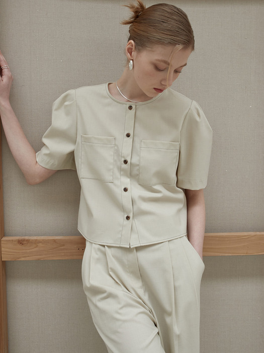 amr1397 (SET)puff blouse+two button slacks (beige)