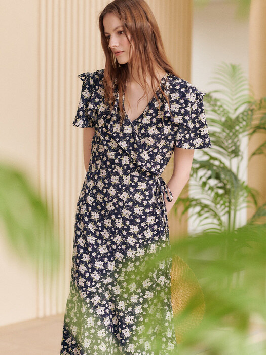 FLOWER PATTERN RUFFLE WRAP DRESS [Navy]