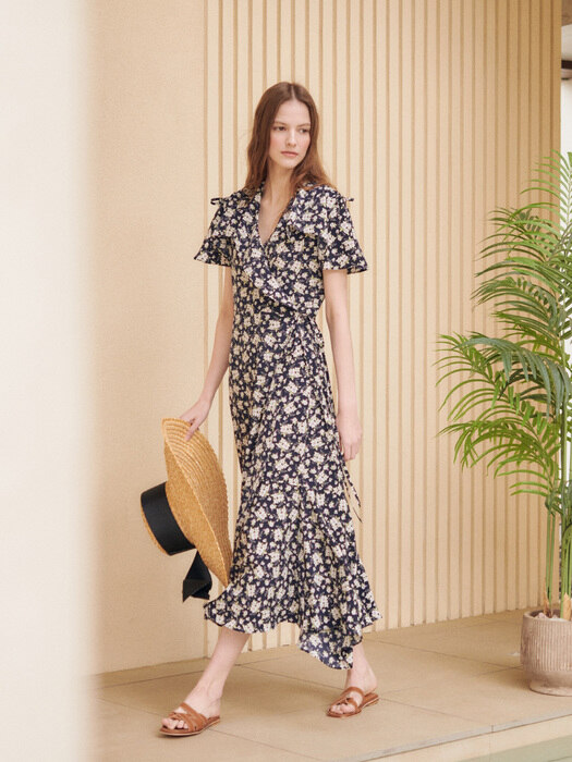 FLOWER PATTERN RUFFLE WRAP DRESS [Navy]