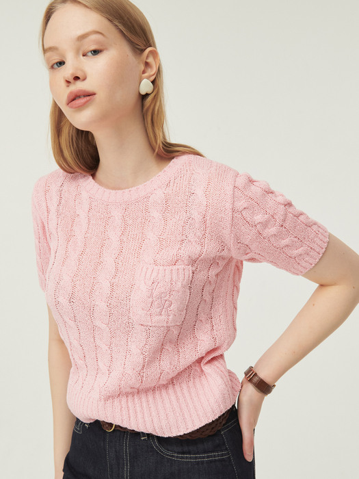 Cable Poket Half Sleeve Knit [pink]