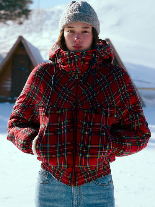 PORTOBELLO Goose down crop hood jumper (Red tartan check)