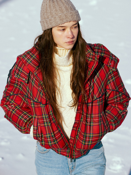 PORTOBELLO Goose down crop hood jumper (Red tartan check)