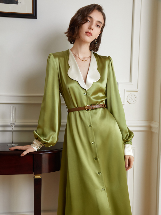 YY_French balloon sleeve v-neck one piece_GREEN