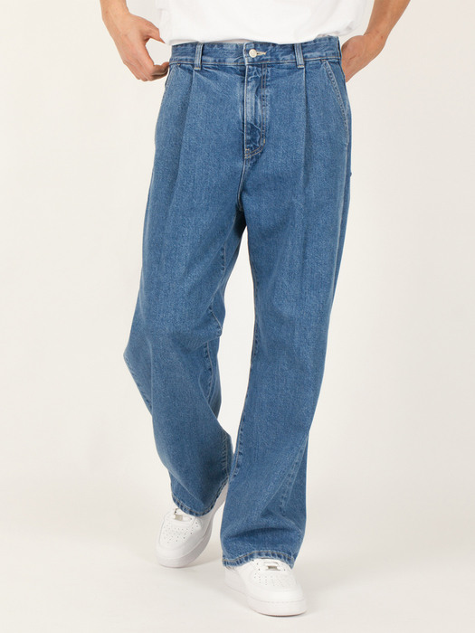 IN#0136 WASHED TOMBOY MID BLUE ONE TUCK COMFORT WIDE