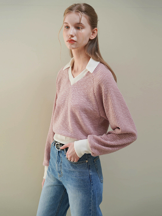 DAISY COLORING COLLAR V NECK KNIT (PINK)