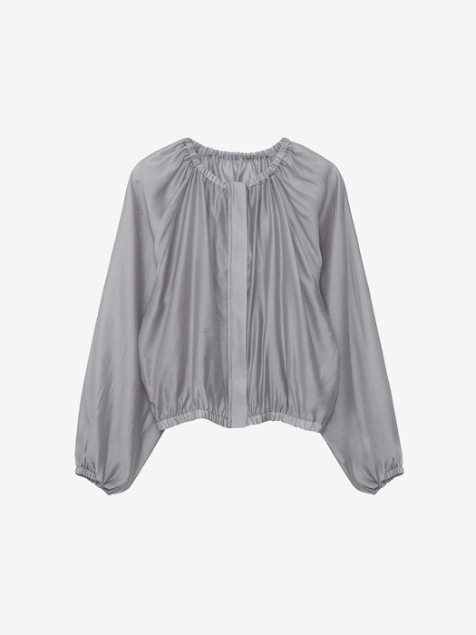SHIRRING ZIP-UP SILKY BLOUSE - SILVER GRAY