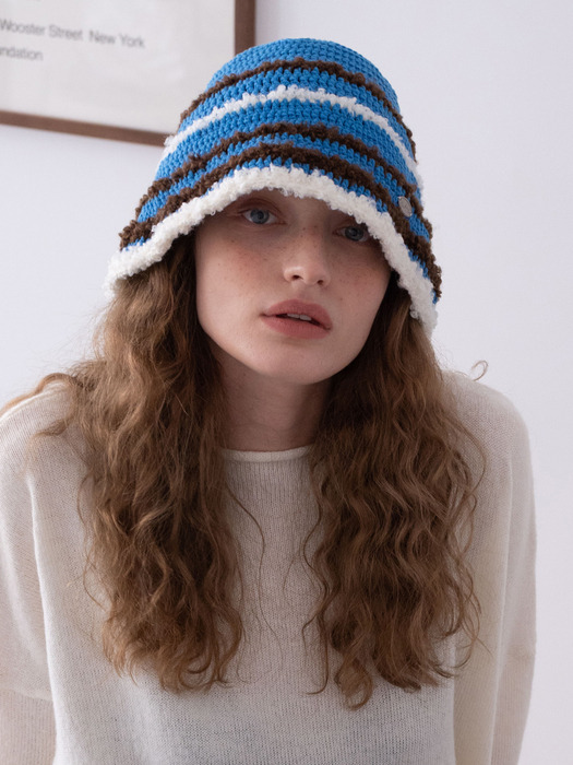[단독]No.184 / Stripe Crochet Fur Bucket Hat _ 크림, 블루, 블랙