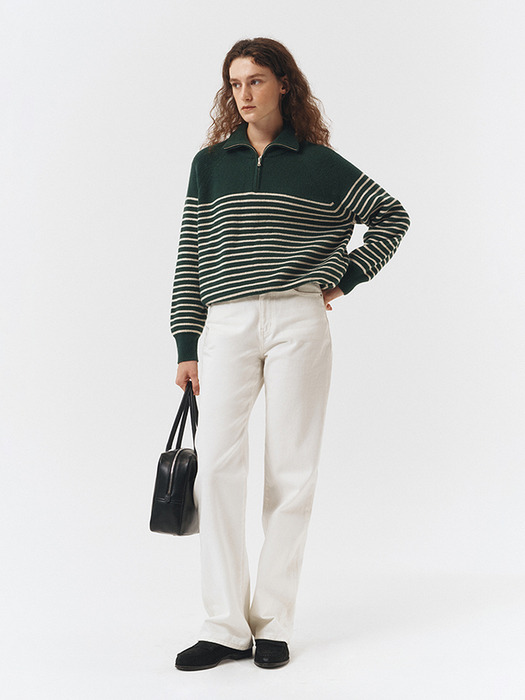 UNISEX STRIPED HALF ZIP-UP SWEATER FOREST GREEN_UDSW3C103E2