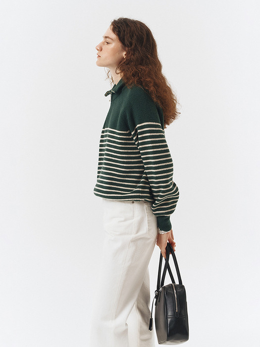 UNISEX STRIPED HALF ZIP-UP SWEATER FOREST GREEN_UDSW3C103E2