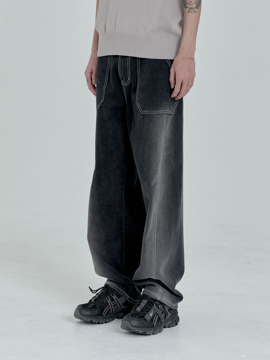 Curved Stitch Denim Pants (Washed Black)