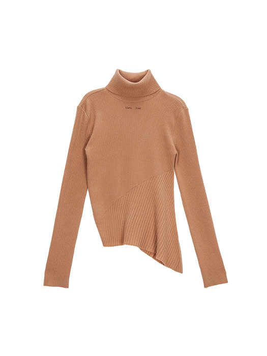 TURTLE NECK UNBALANCE KNIT PULLOVER IN BEIGE