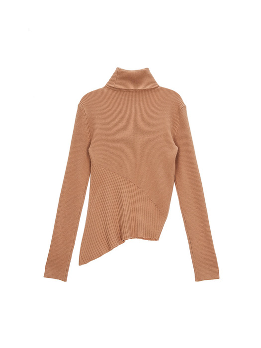 TURTLE NECK UNBALANCE KNIT PULLOVER IN BEIGE