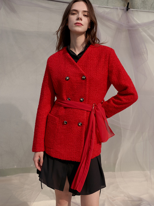 Wool Double Button Chiffon Belt Jacket_Red