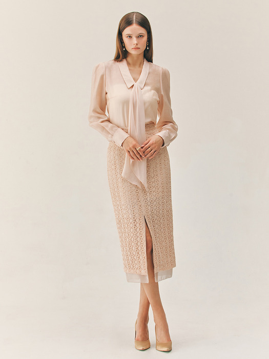 ELDORA Chiffon layered H-line lace long skirt (Ivory/Peach pink)