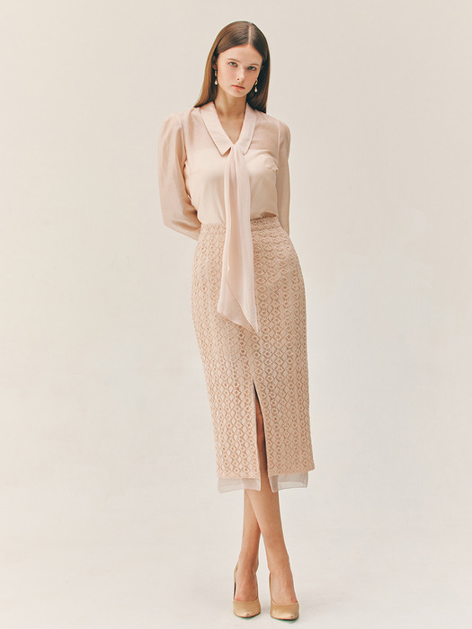 ELDORA Chiffon layered H-line lace long skirt (Ivory/Peach pink)