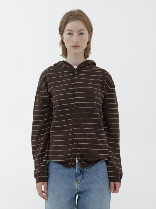 [Women] Hemp Cotton Stripe Hooded Cardigan (Brown)