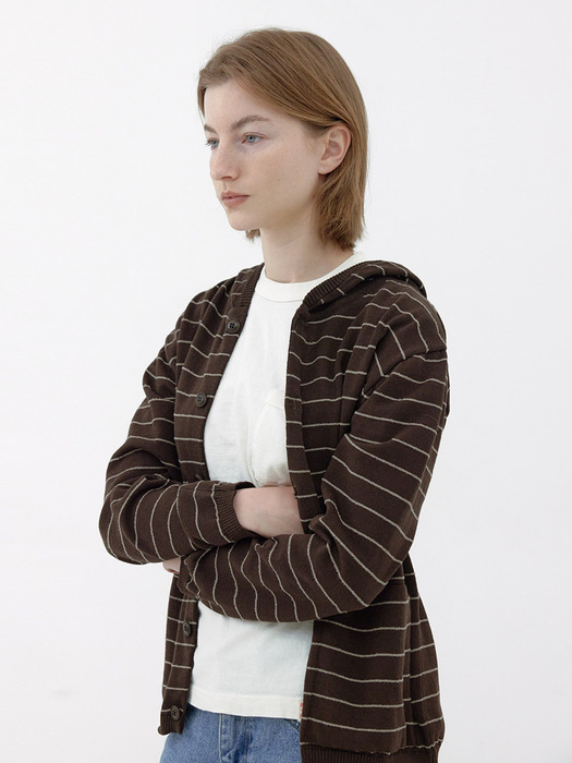 [Women] Hemp Cotton Stripe Hooded Cardigan (Brown)
