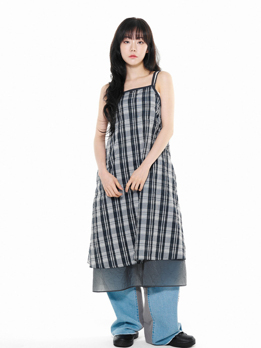 LAYERD SLEEVELESS REVERSIBLE ONE PIECE CHECK DRESS(LEBSMOP5276)