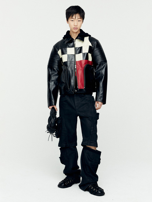 CHECKERBOARD PATCHWORK LEATHER BIKER JACKET awa632m(BLACK)