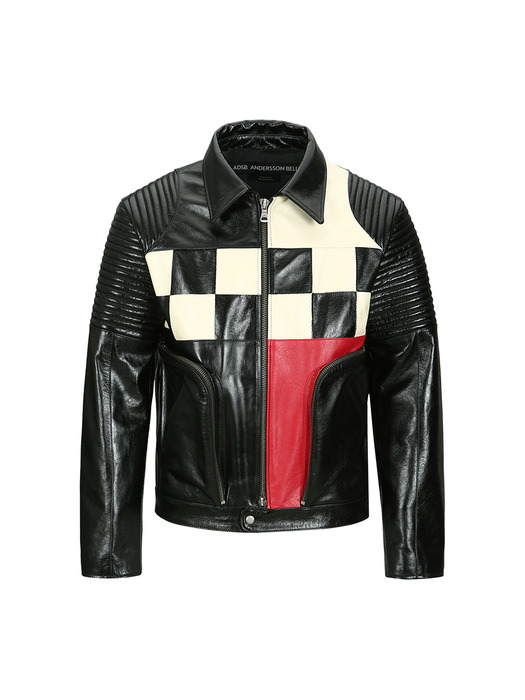 CHECKERBOARD PATCHWORK LEATHER BIKER JACKET awa632m(BLACK)