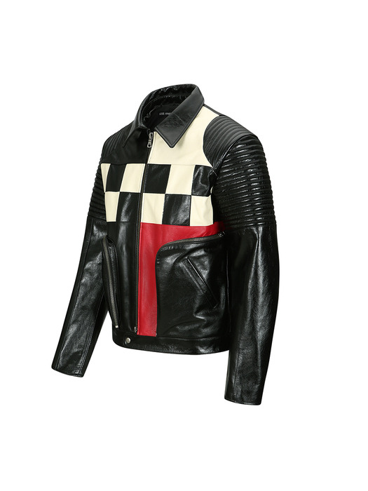 CHECKERBOARD PATCHWORK LEATHER BIKER JACKET awa632m(BLACK)