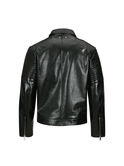 CHECKERBOARD PATCHWORK LEATHER BIKER JACKET awa632m(BLACK)