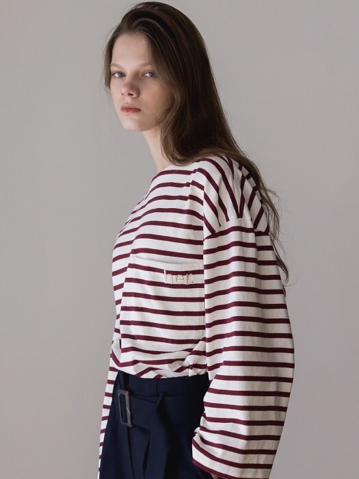 Her Pocket Loose Fit Cotton Tshirts (Burgundy Stripe)