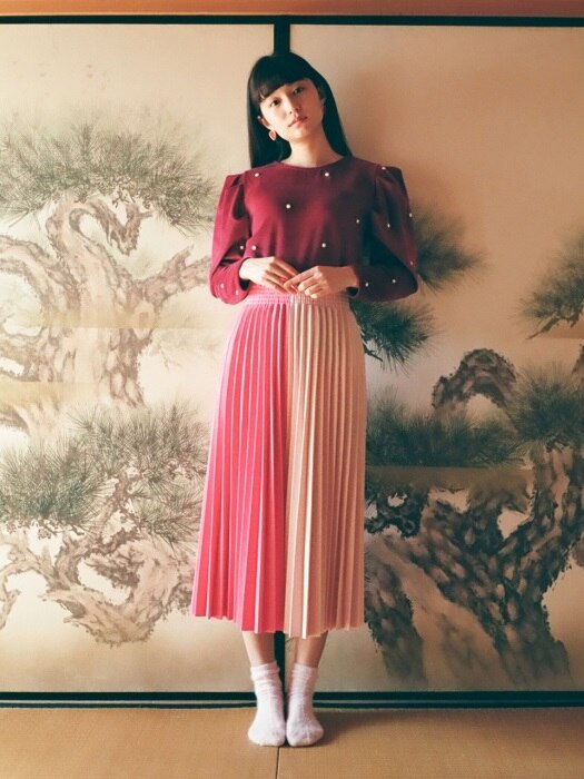 Color Combination Wool Pleat Skirt : Pink
