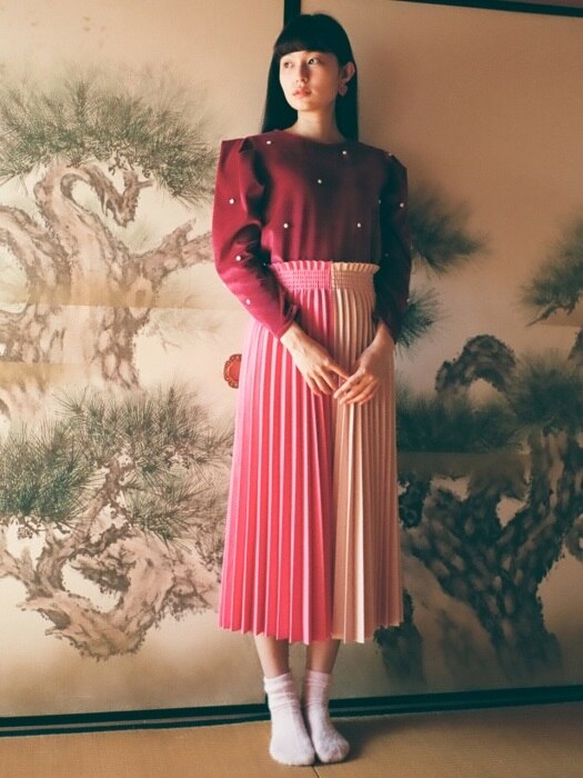 Color Combination Wool Pleat Skirt : Pink