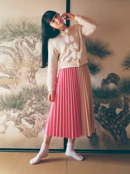 Color Combination Wool Pleat Skirt : Pink