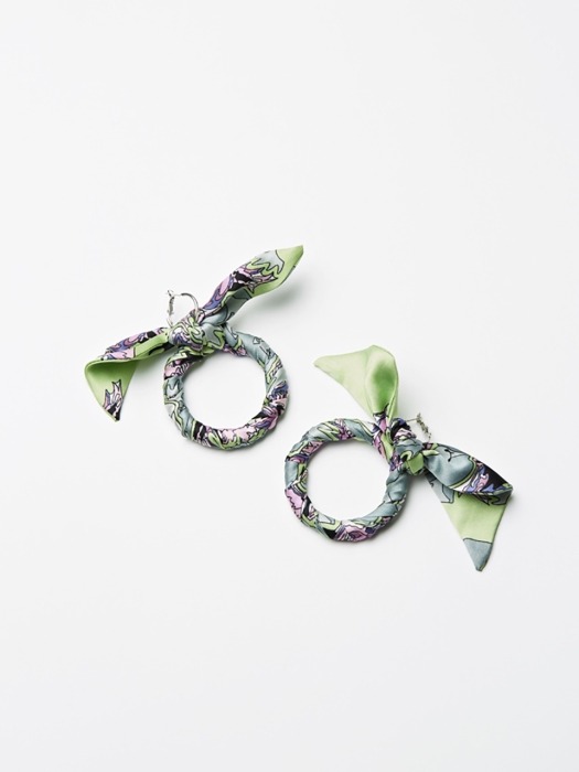 Lime Green Bird Printed Silk Wrapped Hoop Earrings