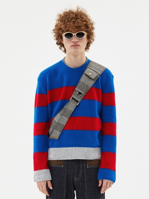 BLUE & RED STRIPED CREW NECK SWEATER atb252m(BLUE/RED)