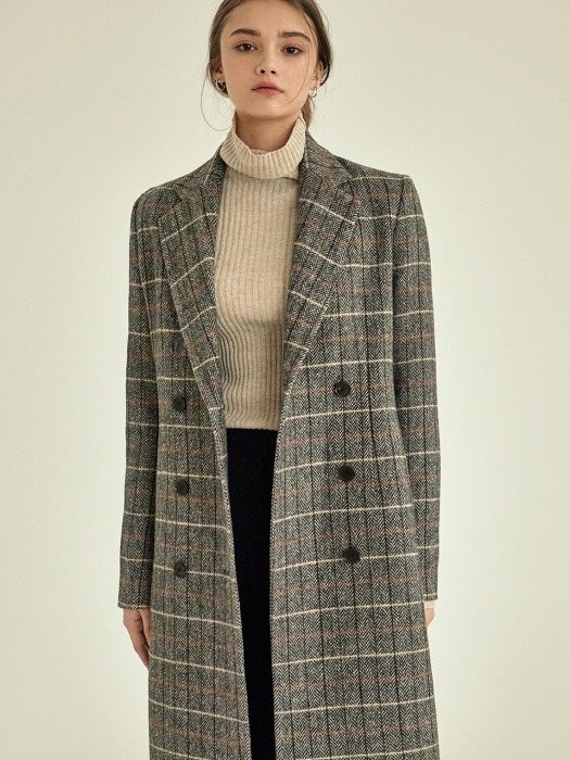 Check double long coat [charcoal]