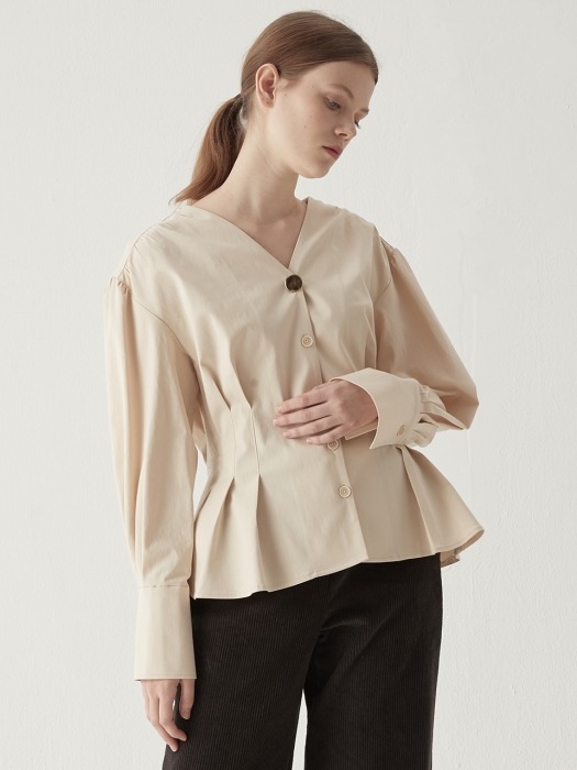 V-neck tucked blouse - Cream beige