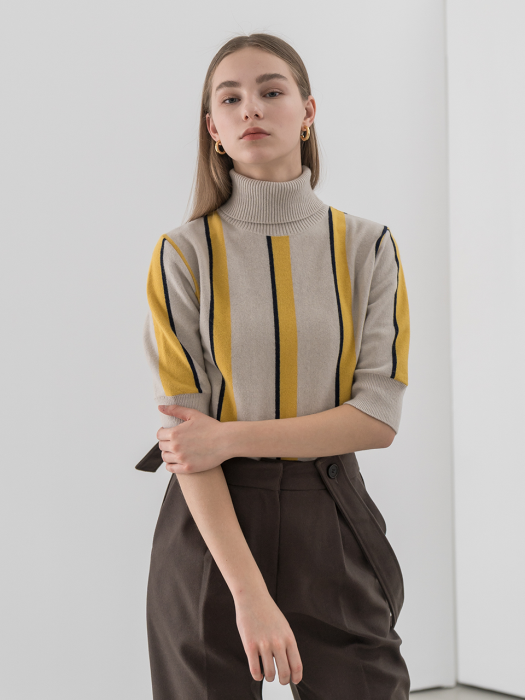 Cashmere blend mustard stripe turtle neck knit