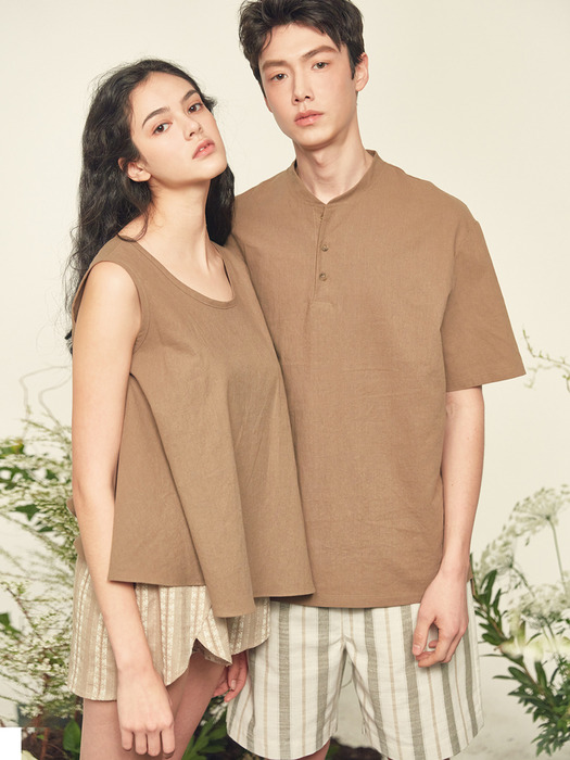 LINEN HENLY NECK SHIRTS , brown