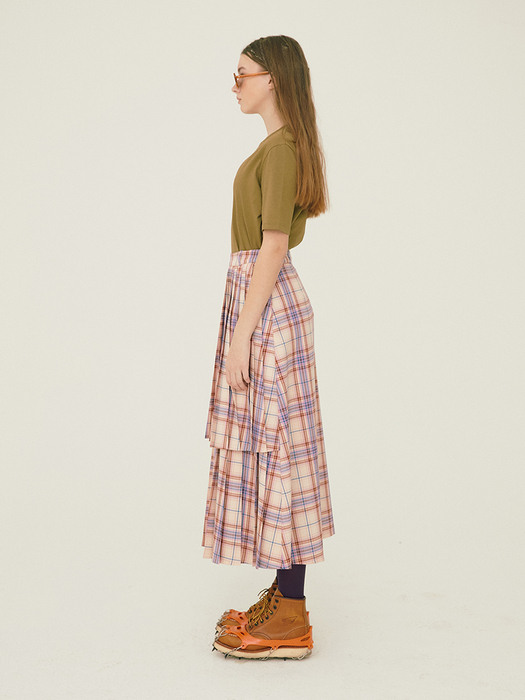 Pleats-layer Skirt_Pearl Blush-check pattern