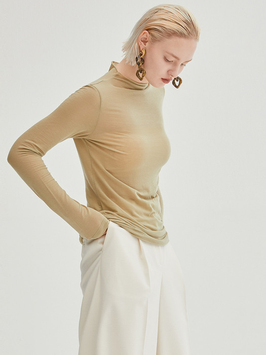 Back Pointed Mok Neck Top - Light Khaki