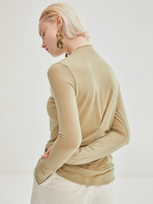 Back Pointed Mok Neck Top - Light Khaki