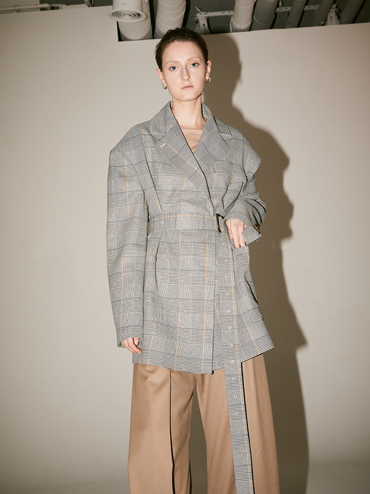 [Fabric From PORTUGAL] LE MUSEE_LUMINE Oversized Check Belted Jacket_Check