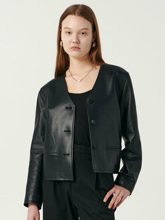 LAMBSKIN V NECK CROP JACKET (BLACK)