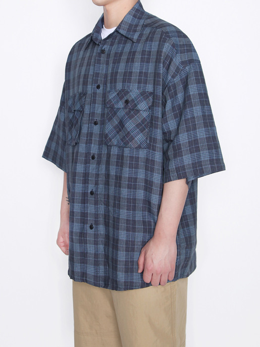 pnv020_panove over fit linen check half shirt italy fabric (blue)