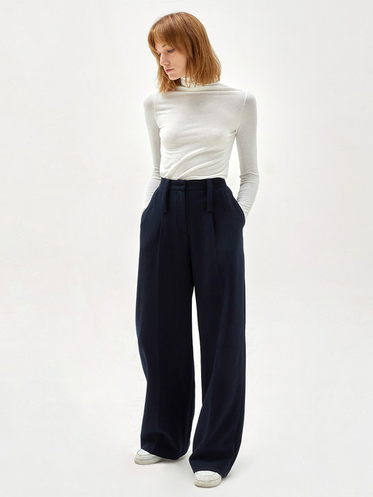 BELTED POINTED WIDE-LEG TROUSERS NAVY